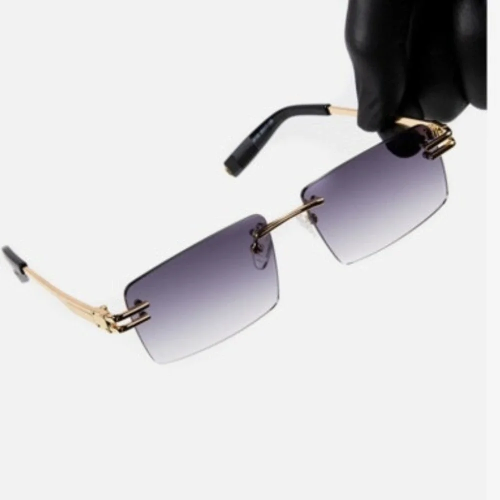 Men's Square Rimless Gold Frame Purple Gradient Tint Hip Hop‎ Sunglasses
